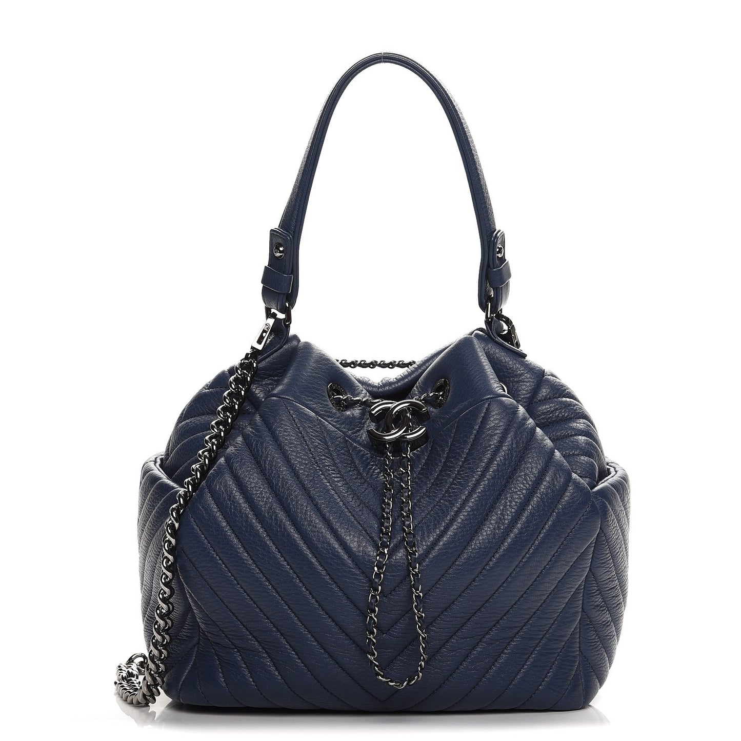 Deerskin Chevron Medium CC Chain Bucket Drawstring Bag Navy Blue