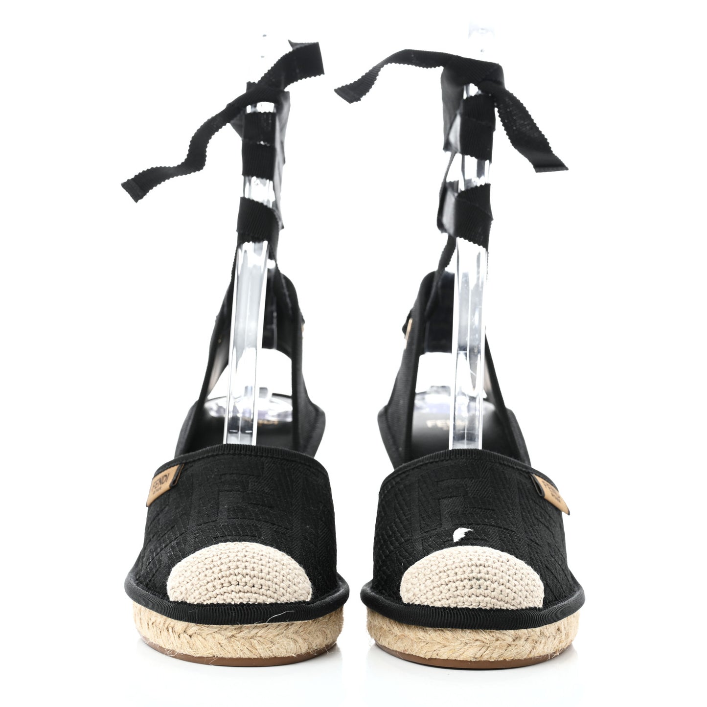 Canvas FF Embroidered Roma Ankle Wrap Wedge Espadrilles 36 Black