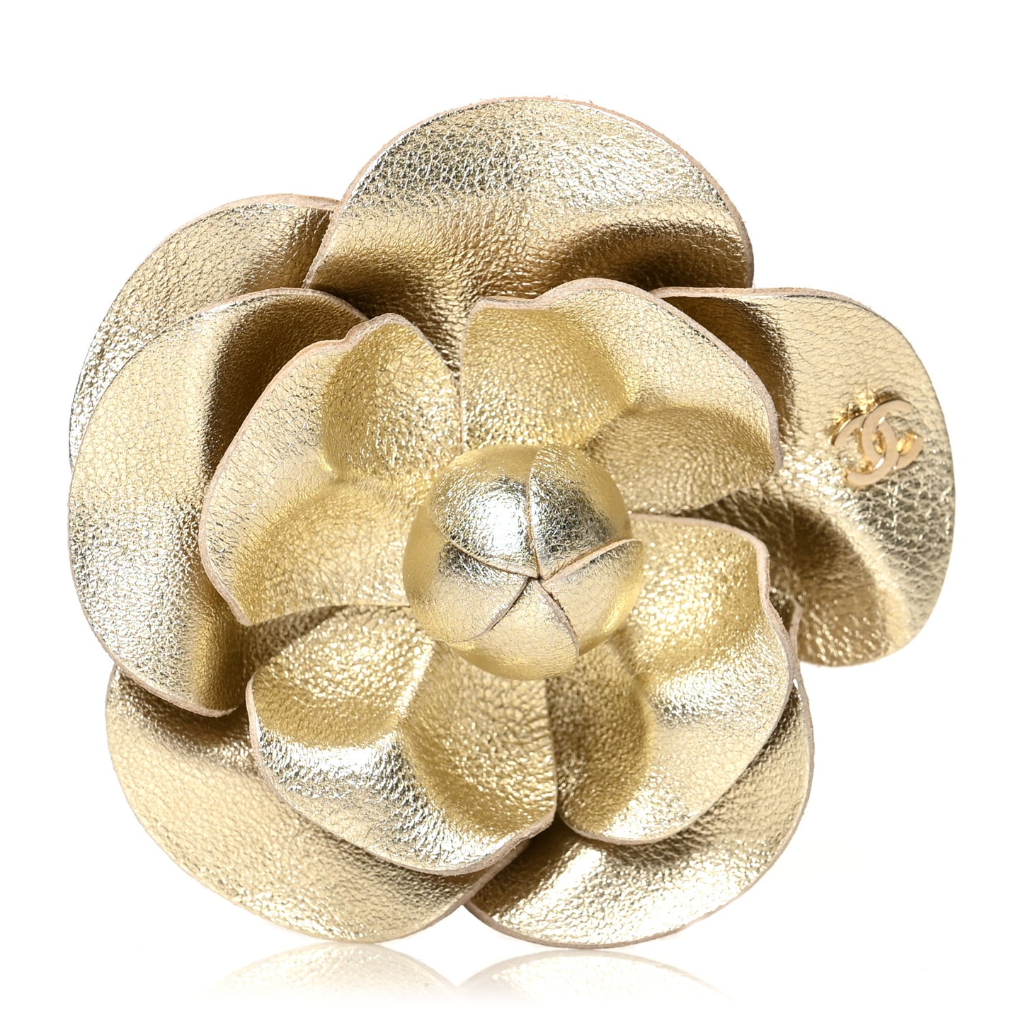 Metallic Lambskin Camellia Brooch Gold