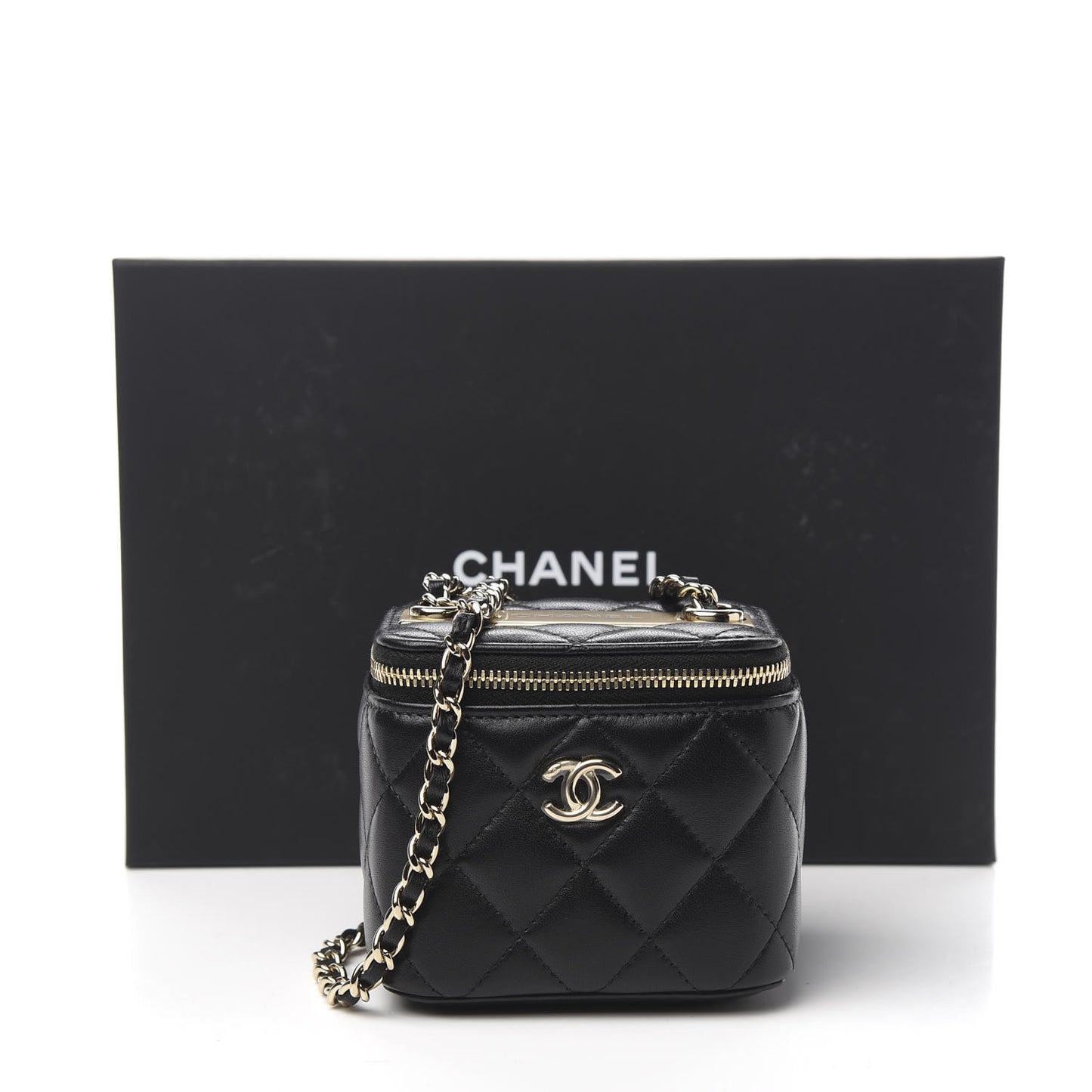 Lambskin Quilted Trendy Mini Vanity Case With Chain Black