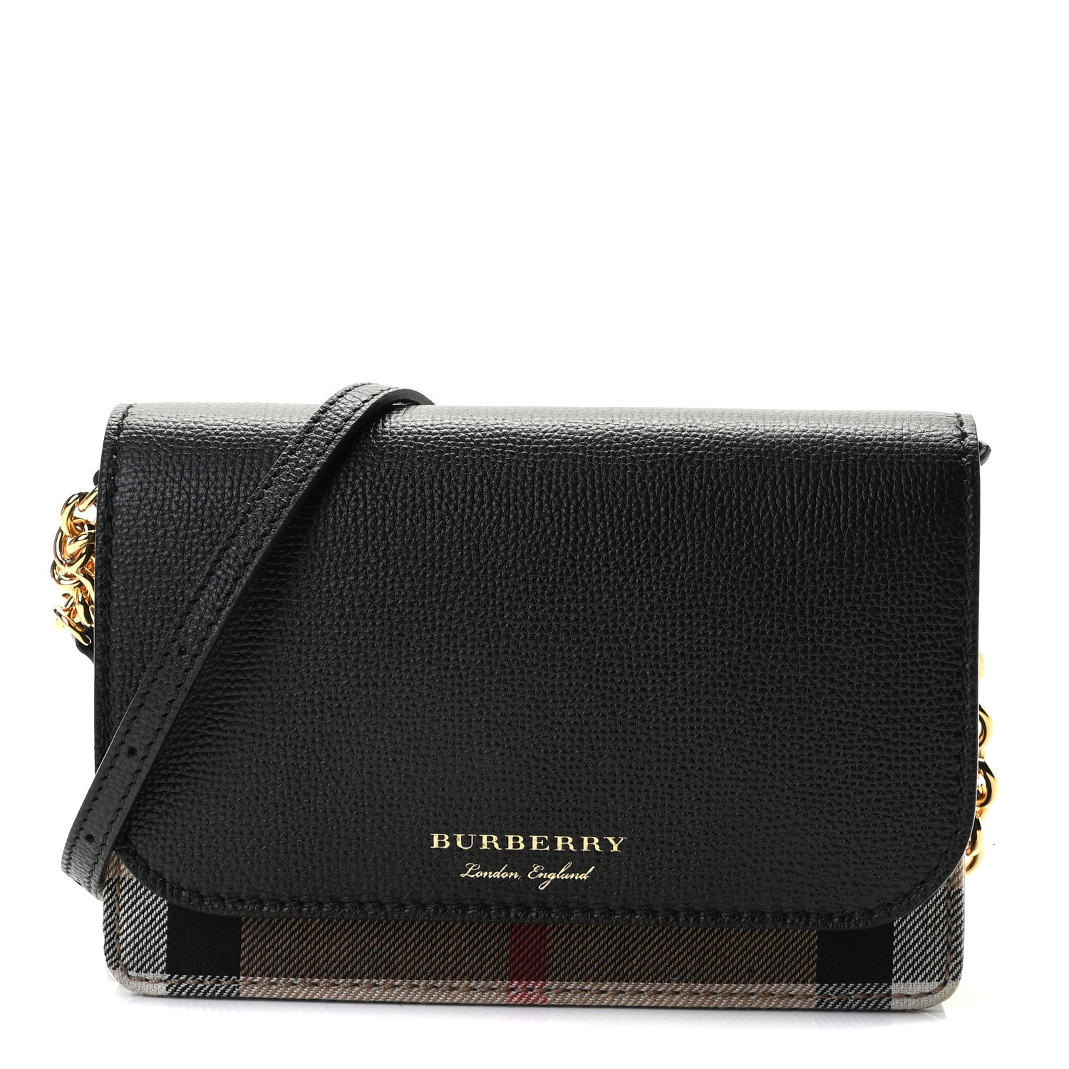 Burberry Derby Calfskin House Check Wallet On Chain Black 1 of 8