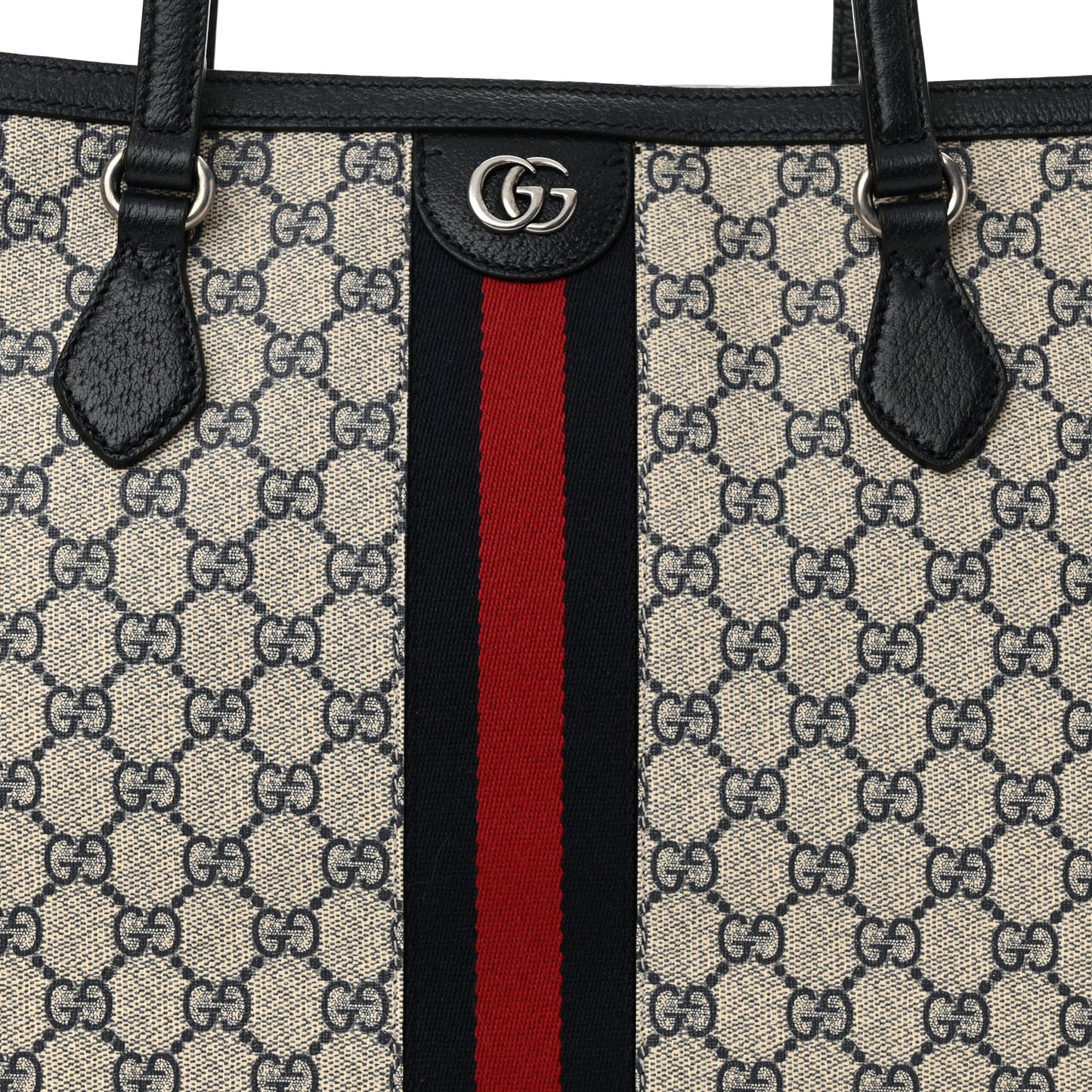 GG Supreme Monogram Textured Calfskin Web Medium Ophidia Shopping Tote Beige Blue