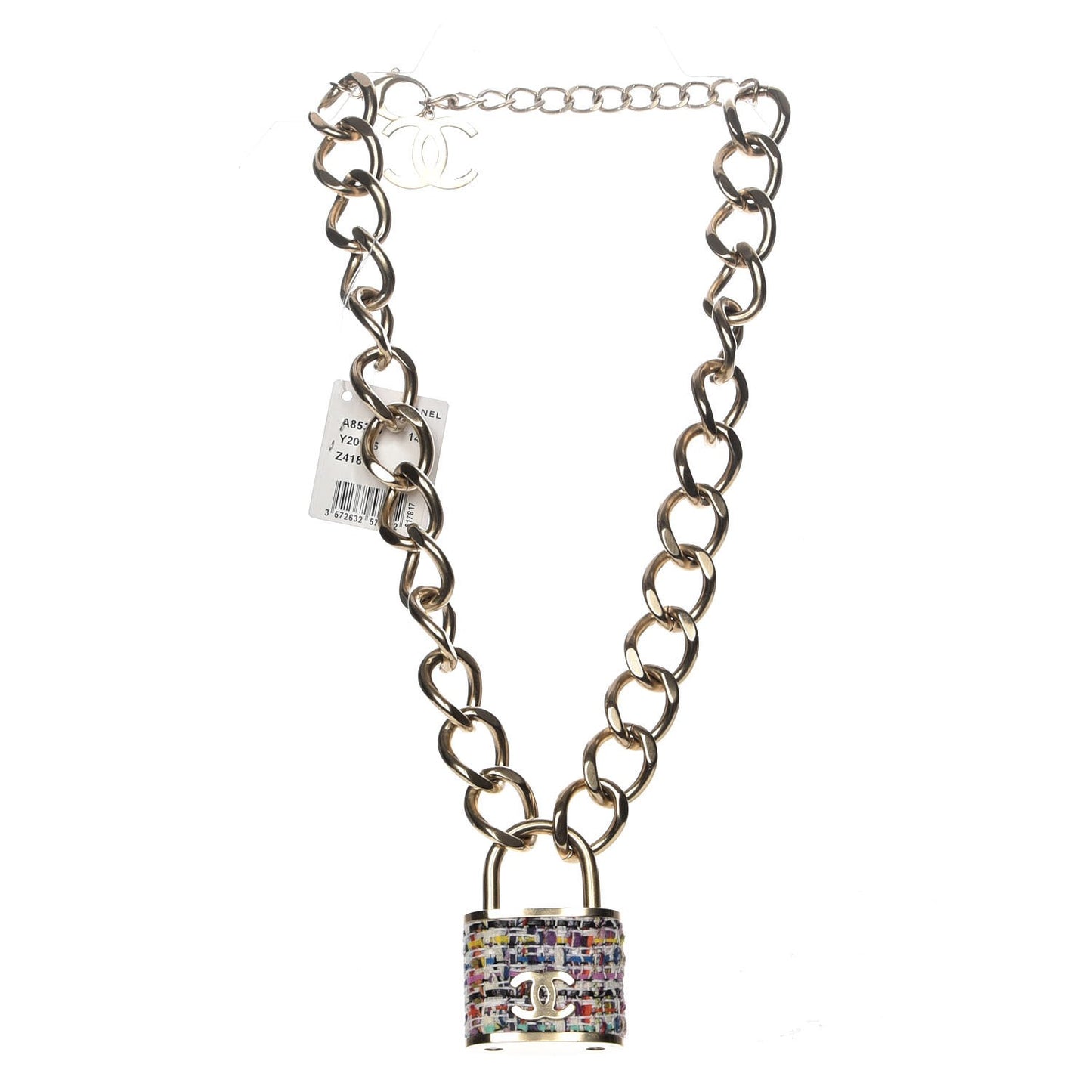 Tweed CC Padlock Chain Necklace Gold Multicolor