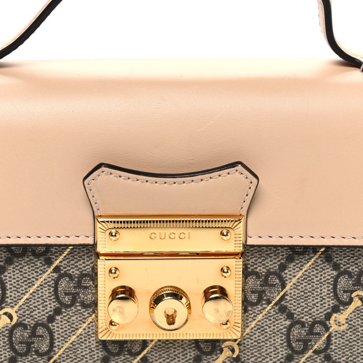GG Supreme Monogram Calfskin Horsebit Print Mini Padlock Top Handle Shoulder Bag Beige Ebony Light Pink