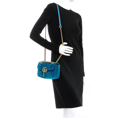 Gucci Velvet Matelasse Mini GG Marmont Shoulder Bag Pavone Cyan 2 of 9