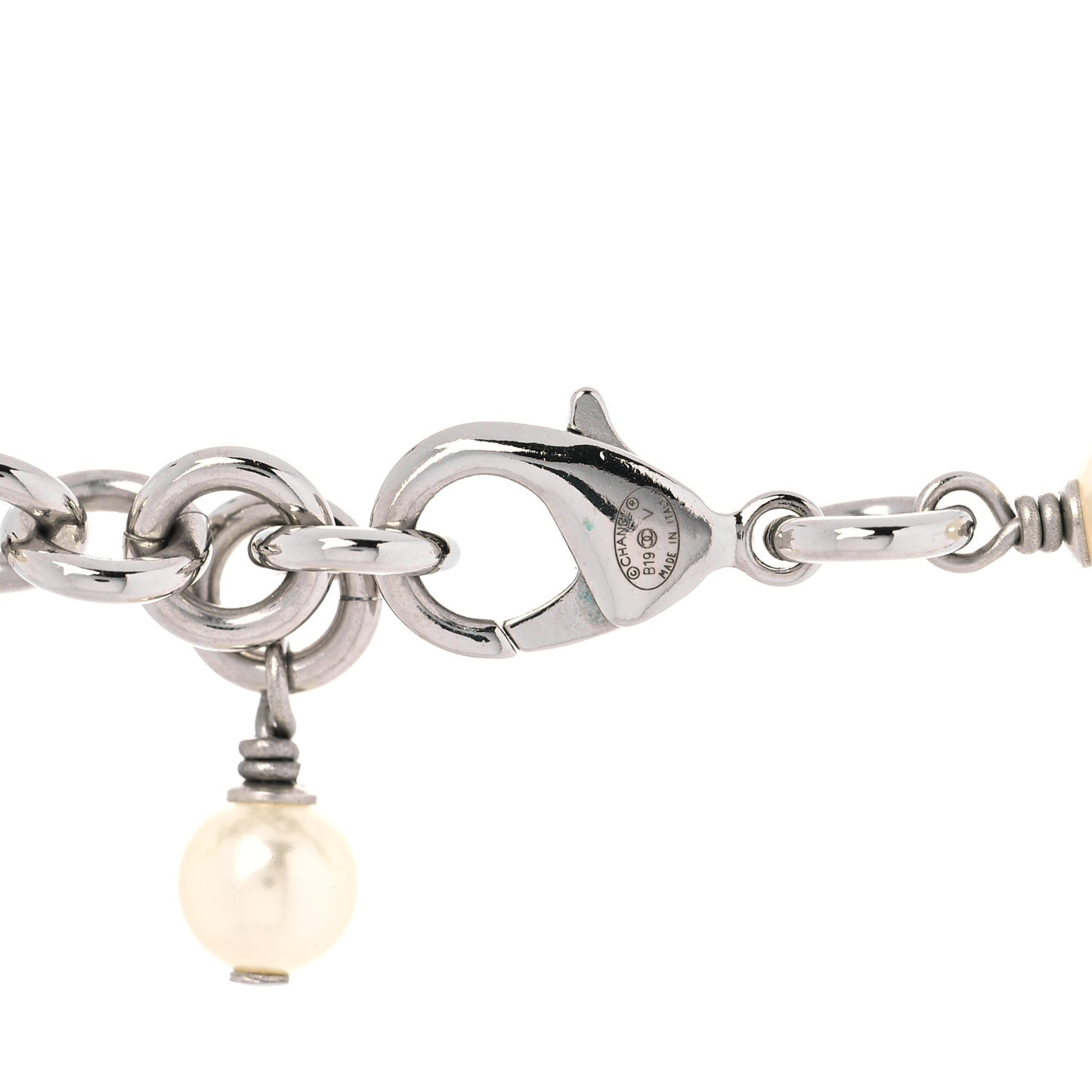 Graduated Pearl Crystal CC Long Necklace Silver