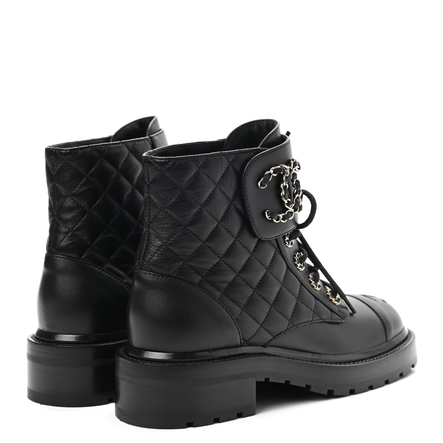Chanel Shiny Lambskin Quilted Lace Up Combat Boots 37 Black 4 of 8