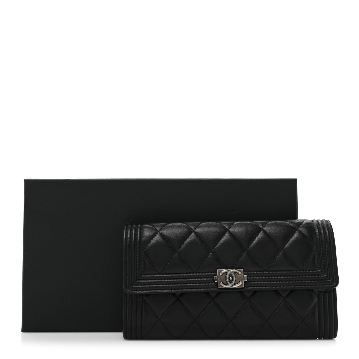 Lambskin Quilted Large Boy Gusset Flap Wallet Black