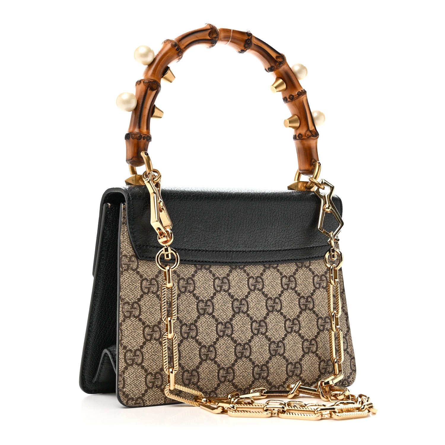Gucci GG Supreme Monogram Goatskin Pearl Mini Fox Broche Bamboo Top Handle Bag Beige Ebony Black Hibiscus Red Mystic White 3 of 10