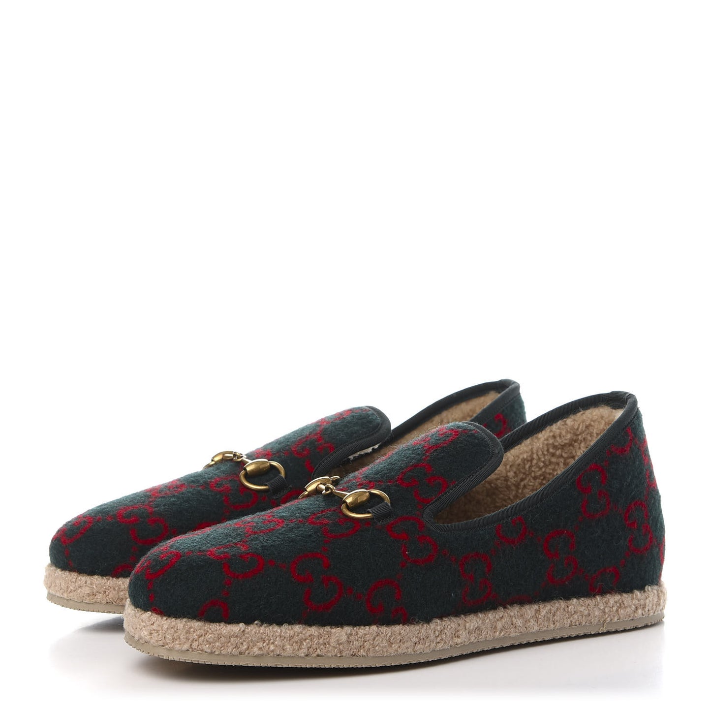 Covered Wool GG Monogram Mens Fria Horsebit Loafers 7 Green Red Shamarock Butterscotch