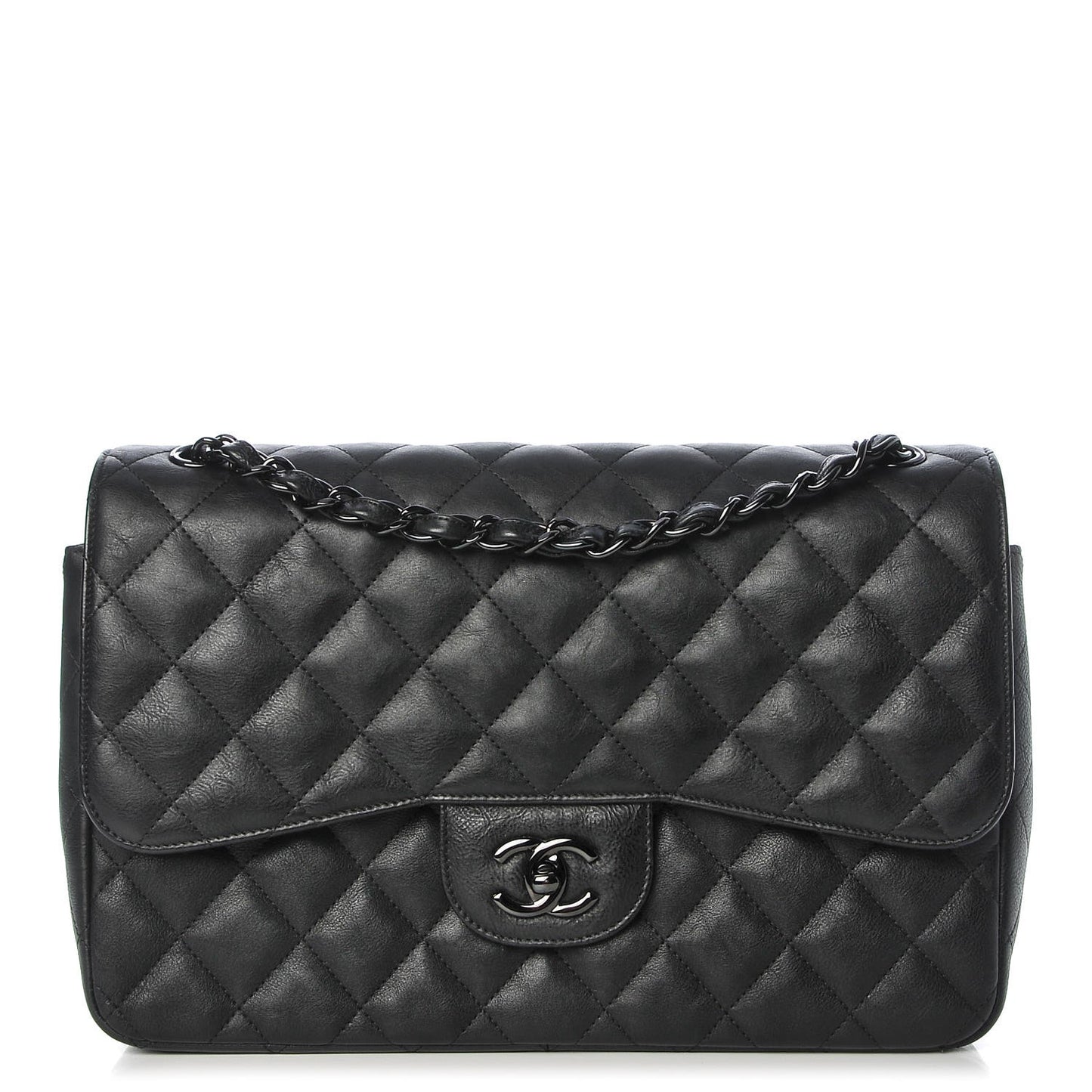 Crumpled Calfskin Quilted Jumbo Double Flap So Black