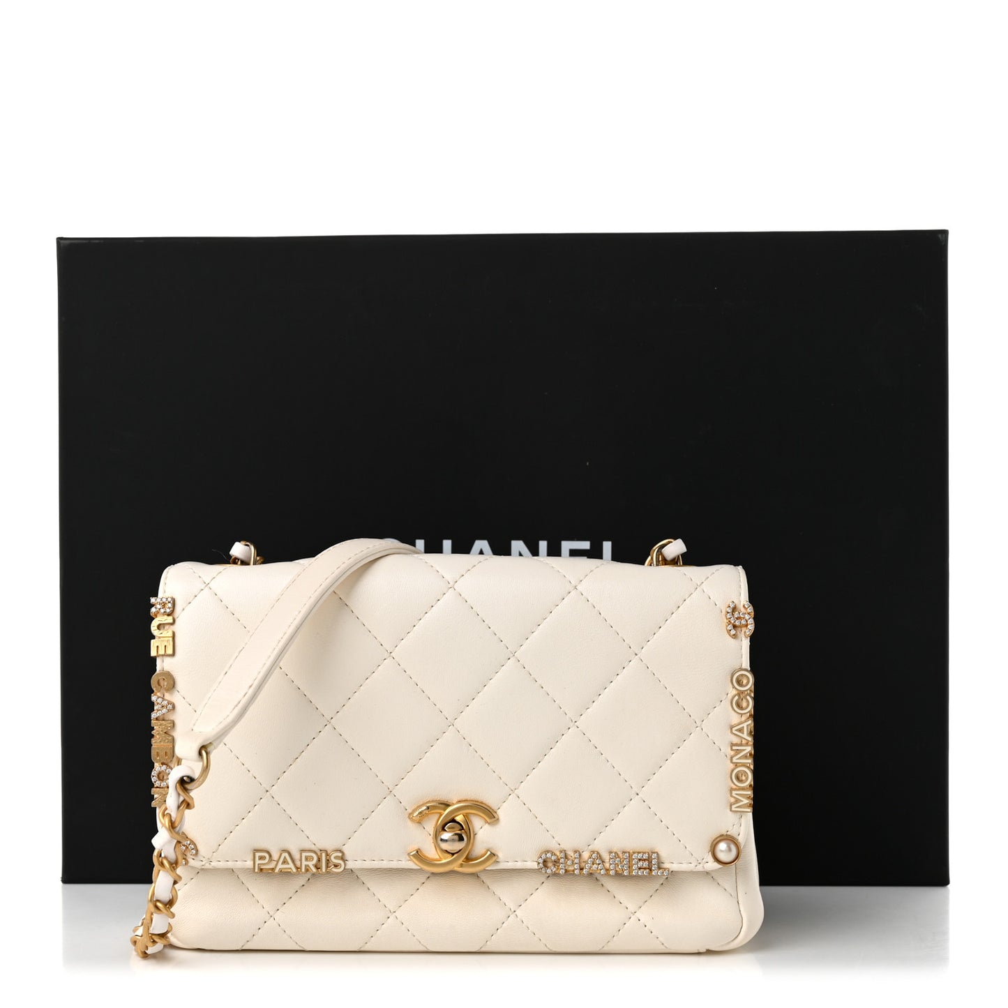 Lambskin Enamel Strass Quilted Mini Paris Monaco Flap White