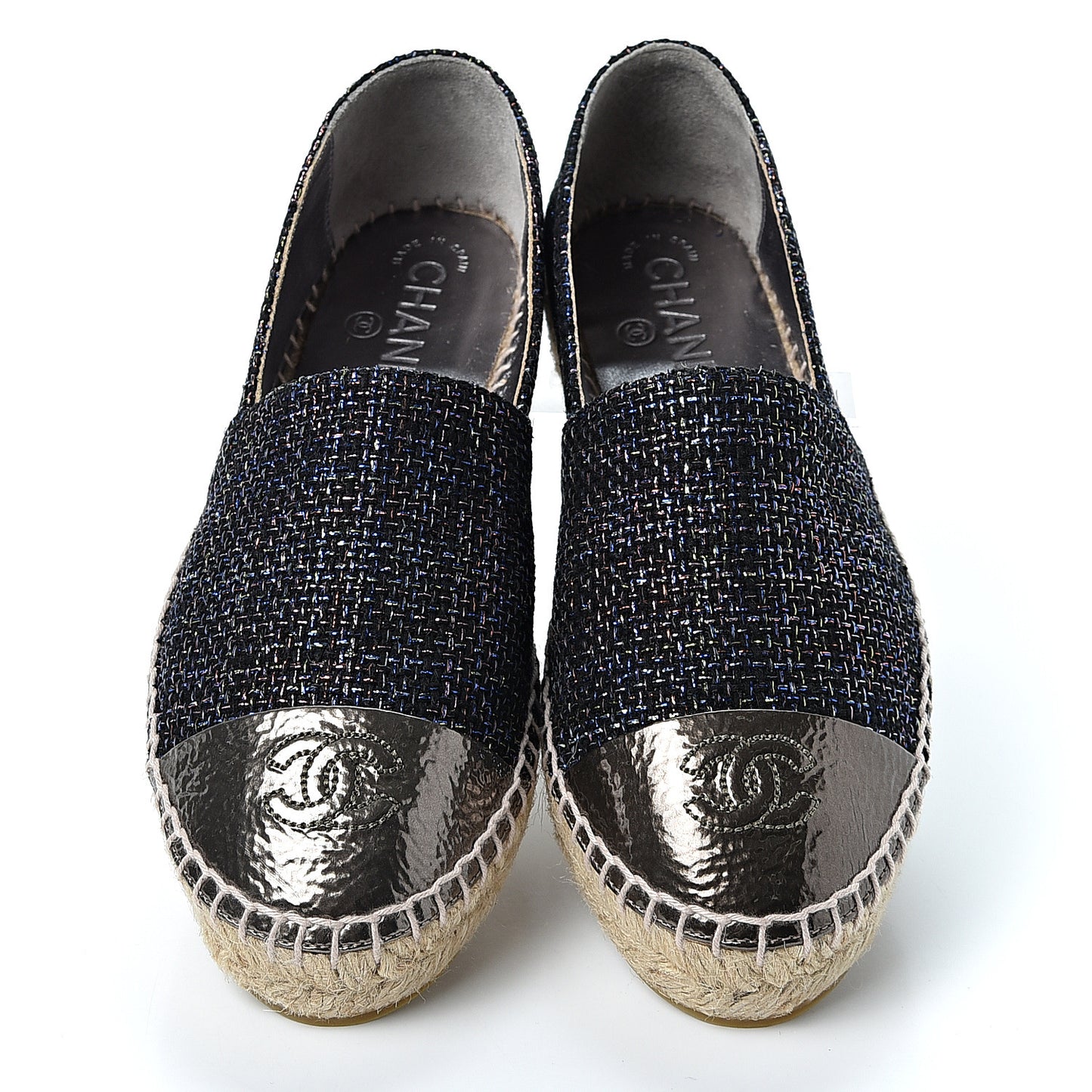 Tweed Patent Goatskin CC Espadrilles 37 Black Pink Yellow Silver