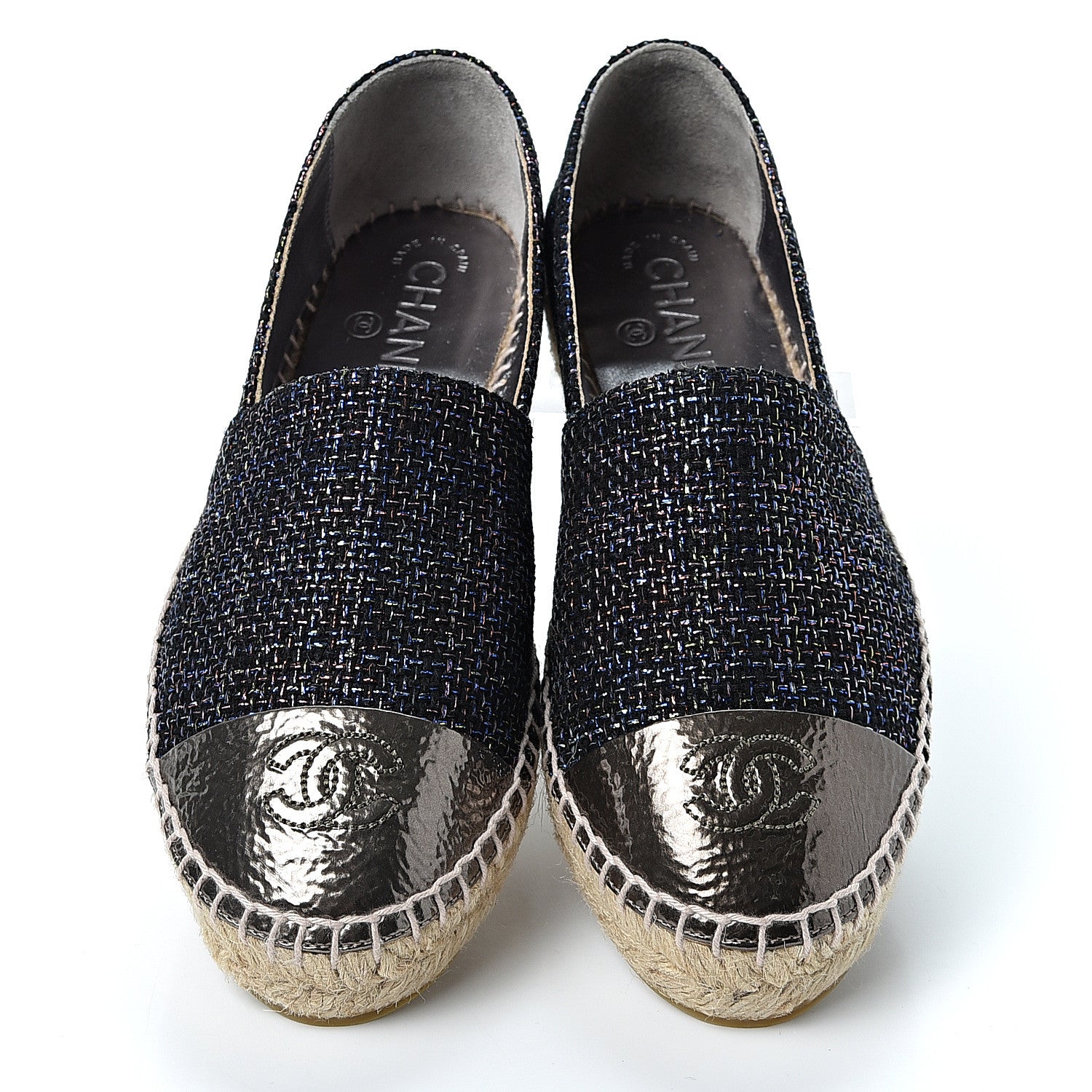 Chanel Tweed Patent Goatskin CC Espadrilles 37 Black Pink Yellow Silver 6 of 11