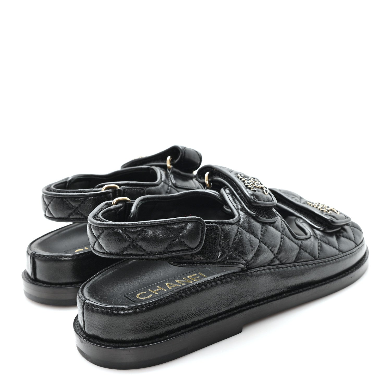 Chanel Lambskin Quilted Velcro Dad Chain CC Slide Sandals 36 Black 5 of 9