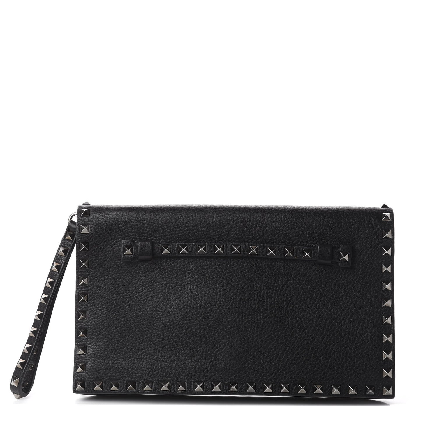 Pebbled Calfskin Rockstud Wristlet Clutch Black