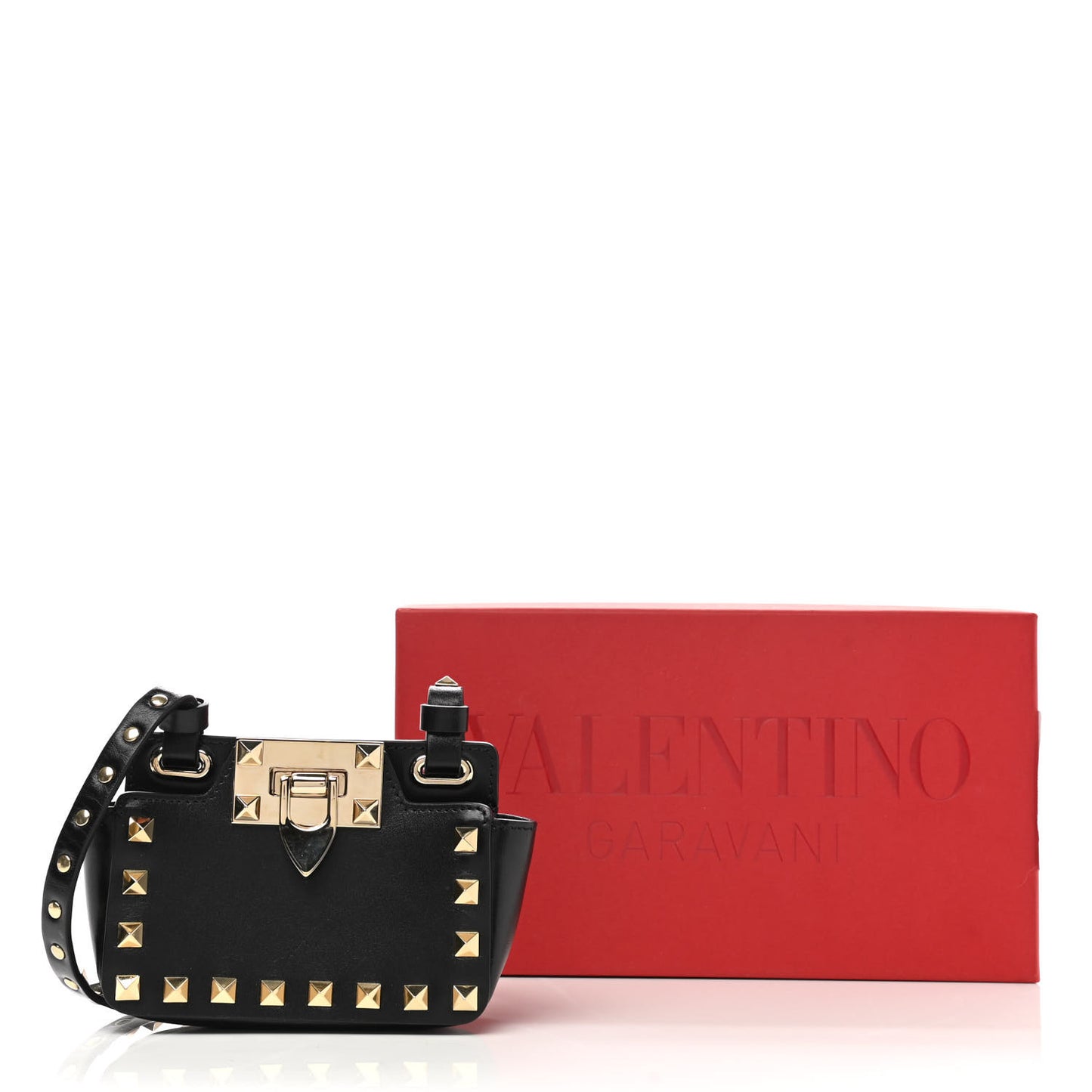 Calfskin Rockstud Card Case On Strap Black