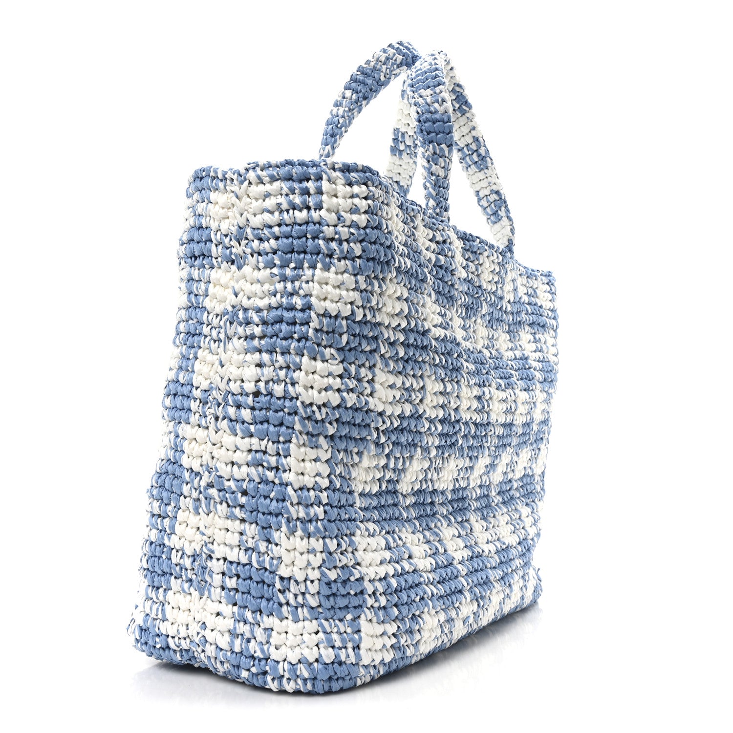 Prada Yarn Raffia Effect Crochet Embroidered Large Logo Tote Celeste 3 of 9