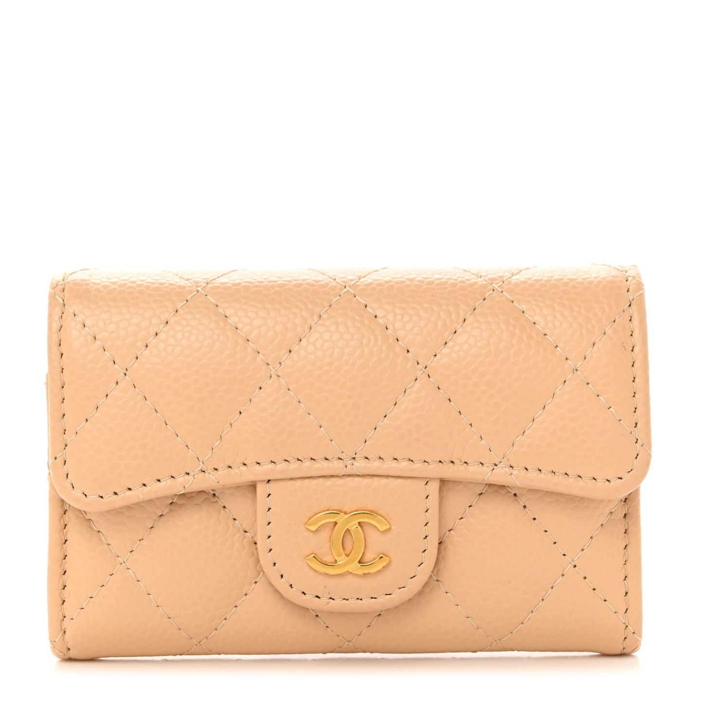 Caviar Quilted Flap Card Holder Wallet Beige