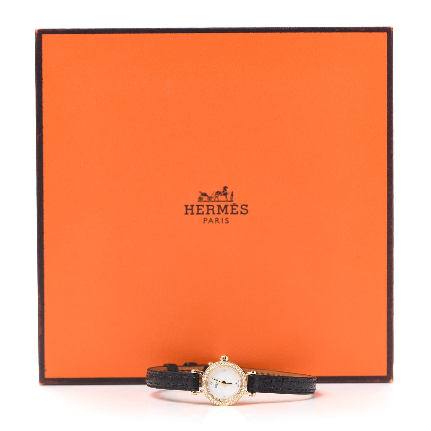 Hermes 18K Yellow Gold Barenia Diamond 16mm Faubourg Quartz Watch Noir 5 of 5
