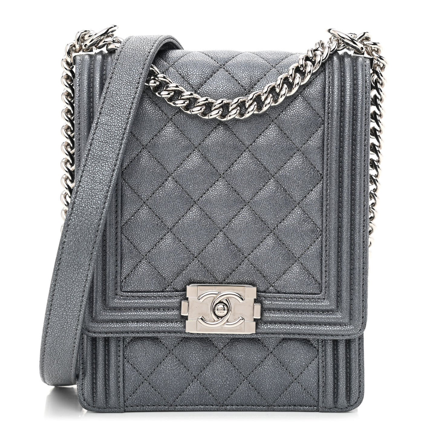 Iridescent Caviar Quilted North South Boy Flap Grey