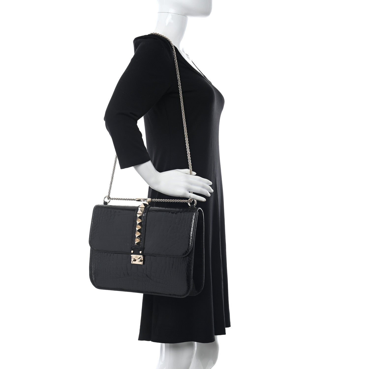 Valentino Garavani Patent Crocodile Embossed Large Glam Lock Rockstud Flap Black 2 of 9