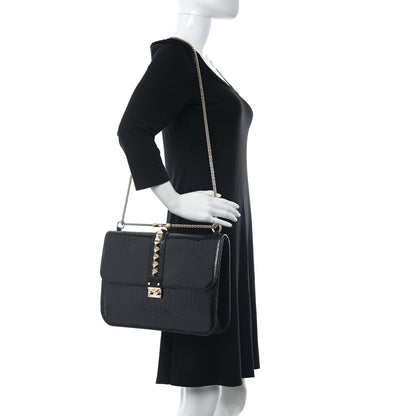 Valentino Garavani Patent Crocodile Embossed Large Glam Lock Rockstud Flap Black 2 of 9
