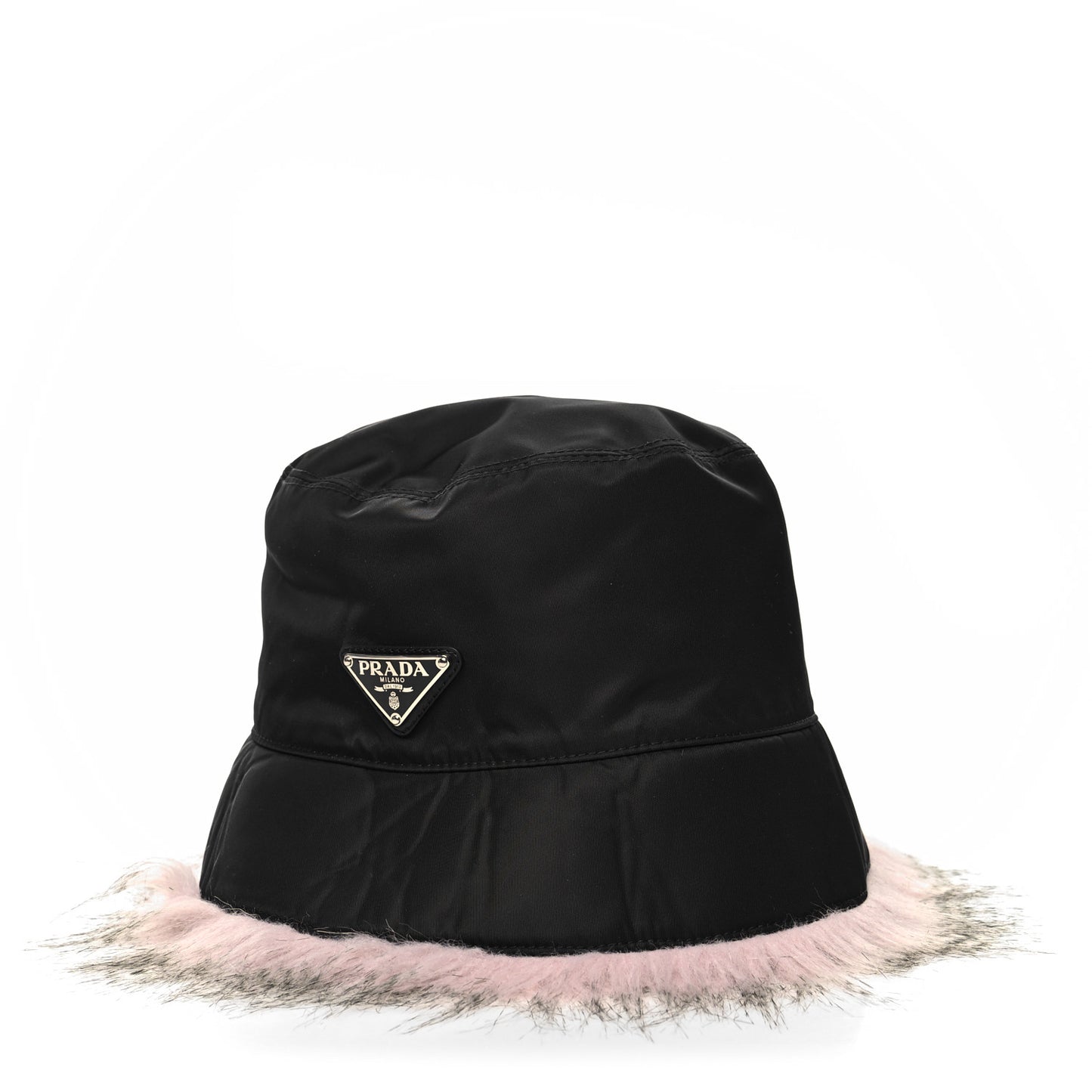 Re-Nylon Faux Fur Metal Triangle Logo Womens Bucket Hat M Black Alabastro