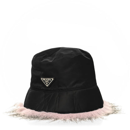 Prada Re-Nylon Faux Fur Metal Triangle Logo Womens Bucket Hat M Black Alabastro 1 of 8