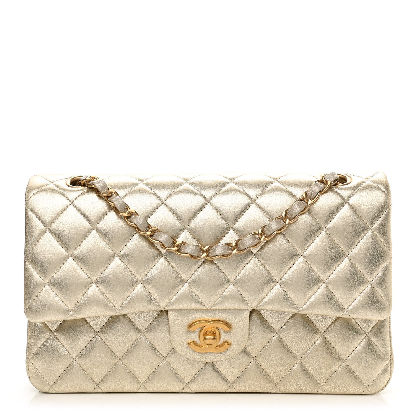 Metallic Lambskin Quilted Medium Double Flap Gold