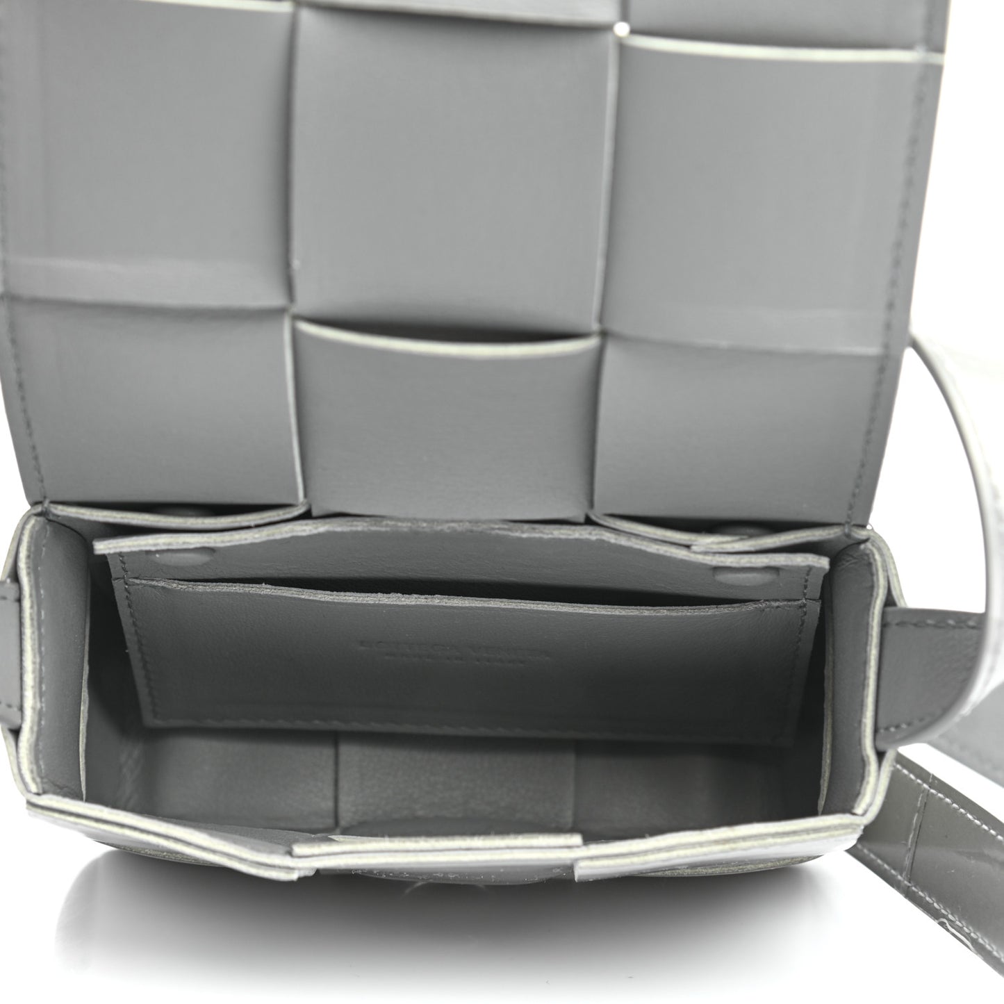 Metallic Patent Calfskin Maxi Intrecciato Extra Mini Cassette Crossbody Bag Silver