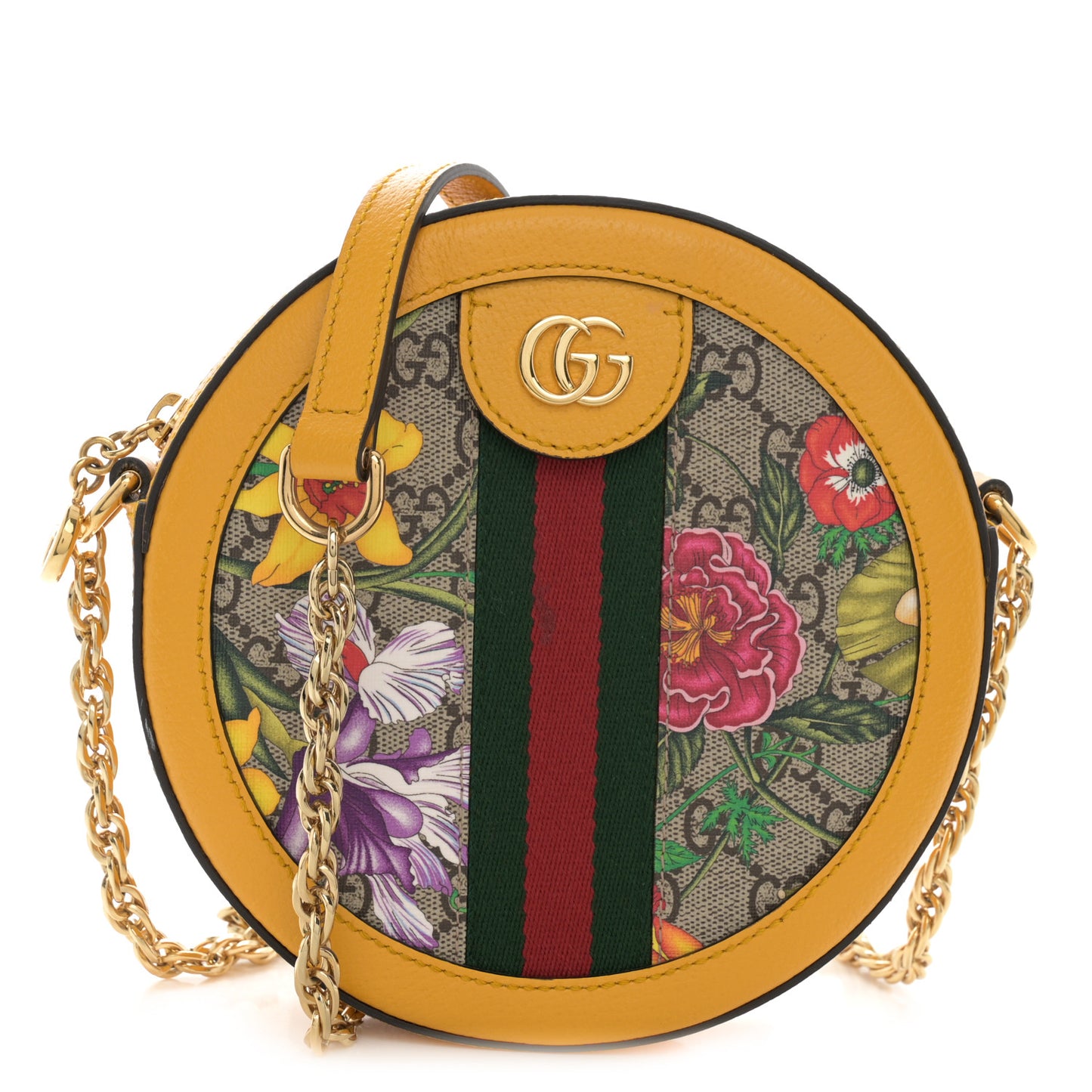 GG Supreme Monogram Flora Web Mini Ophidia Round Shoulder Bag Beige Multicolor Crop