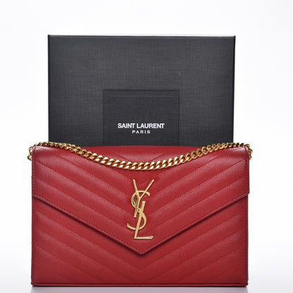 Saint Laurent Grain De Poudre Matelasse Chevron Monogram Chain Wallet New Red 12 of 12