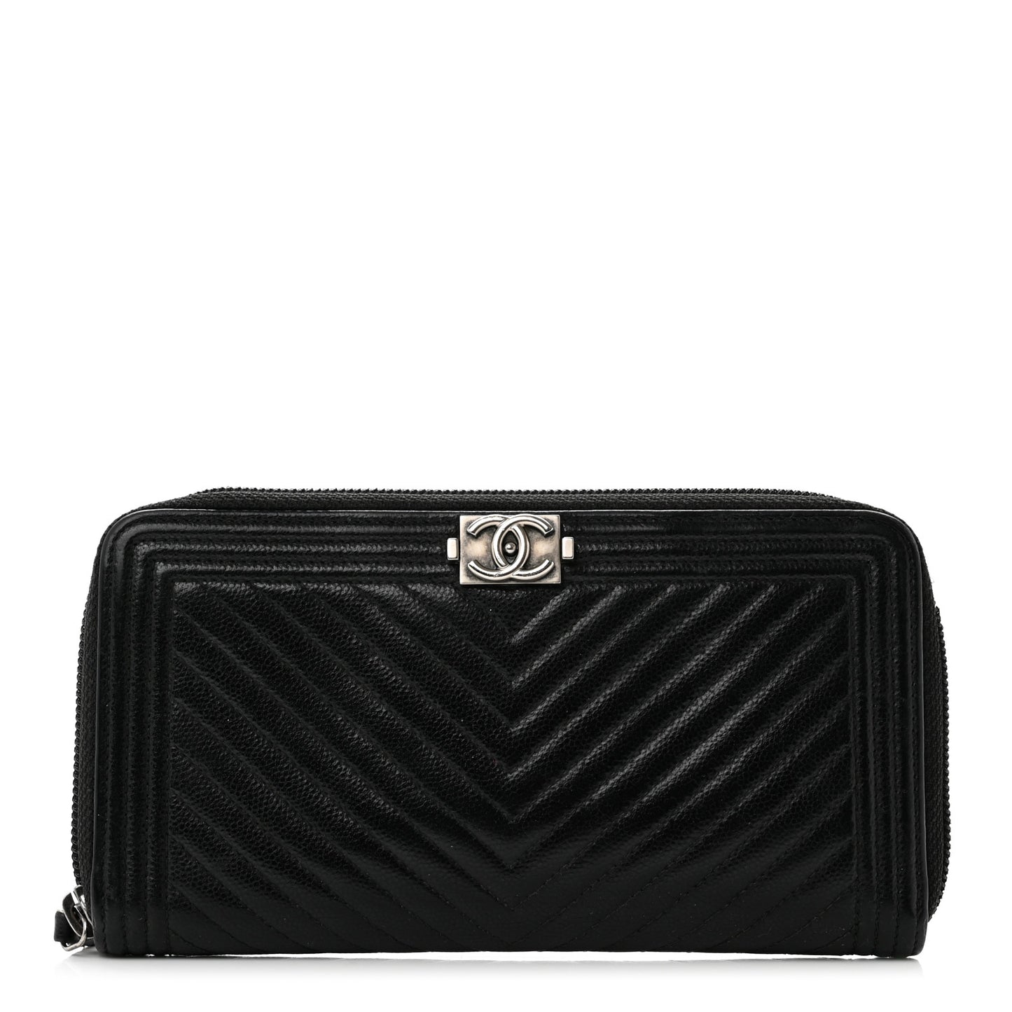 Caviar Chevron Quilted Zip Around Boy Wallet Black