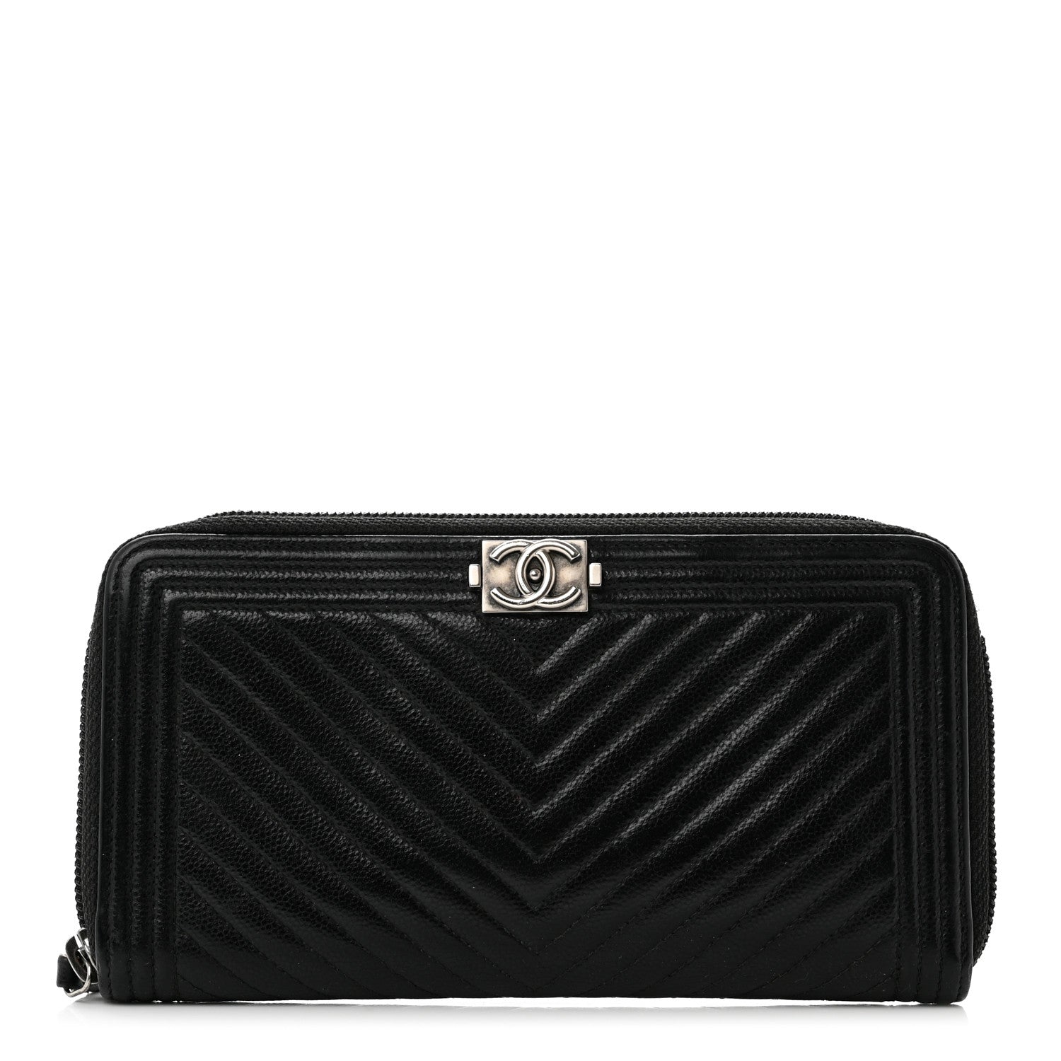 Chanel Caviar Chevron Quilted Zip Around Boy Wallet Black 1 of 11