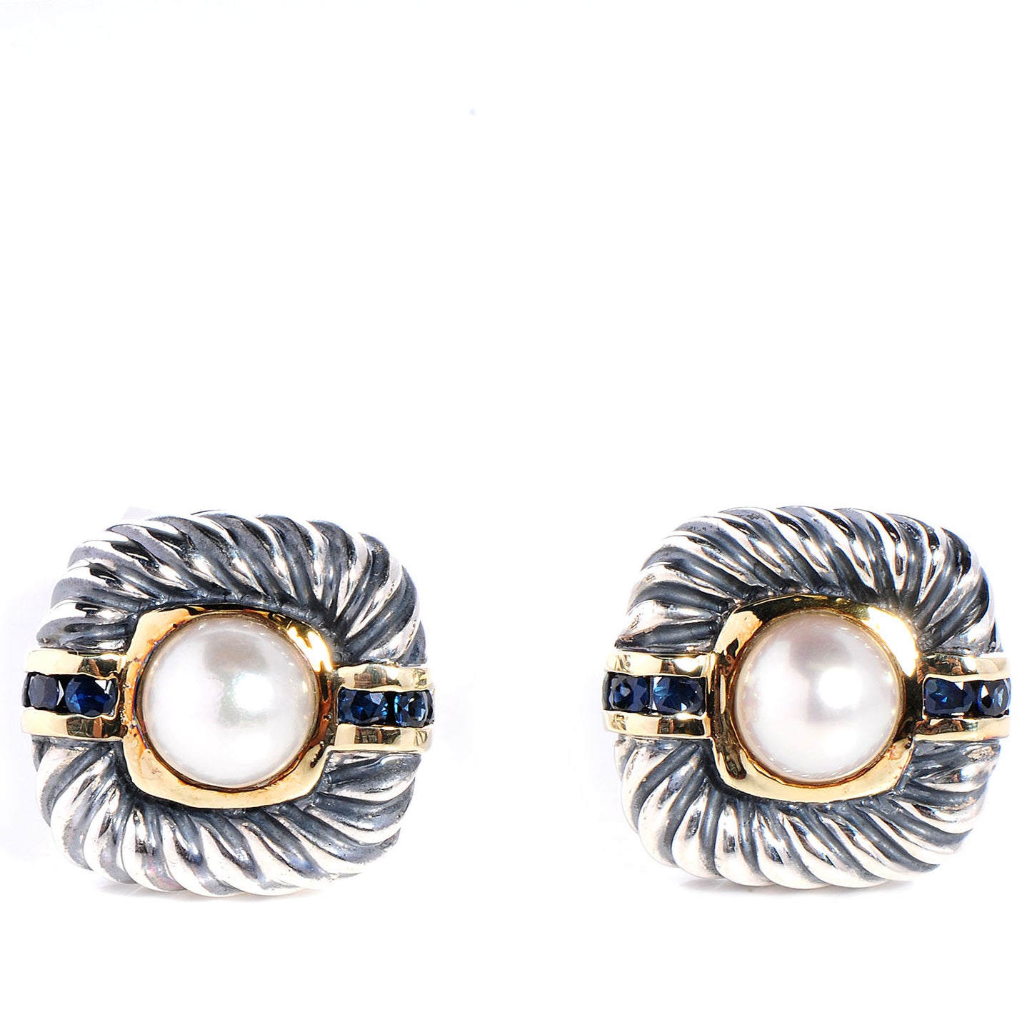 Sterling Silver 14K Gold Blue Sapphire Akoya Pearl 19mm Cable Earrings