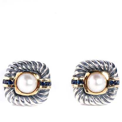 David Yurman Sterling Silver 14K Gold Blue Sapphire Akoya Pearl 19mm Cable Earrings 1 of 4