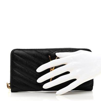 Saint Laurent Grain De Poudre Matelasse Chevron Monogram Zip Around Wallet Black 2 of 7
