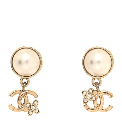 Chanel Pearl Crystal CC Flower Drop Earrings Gold Pearly White 1 of 5