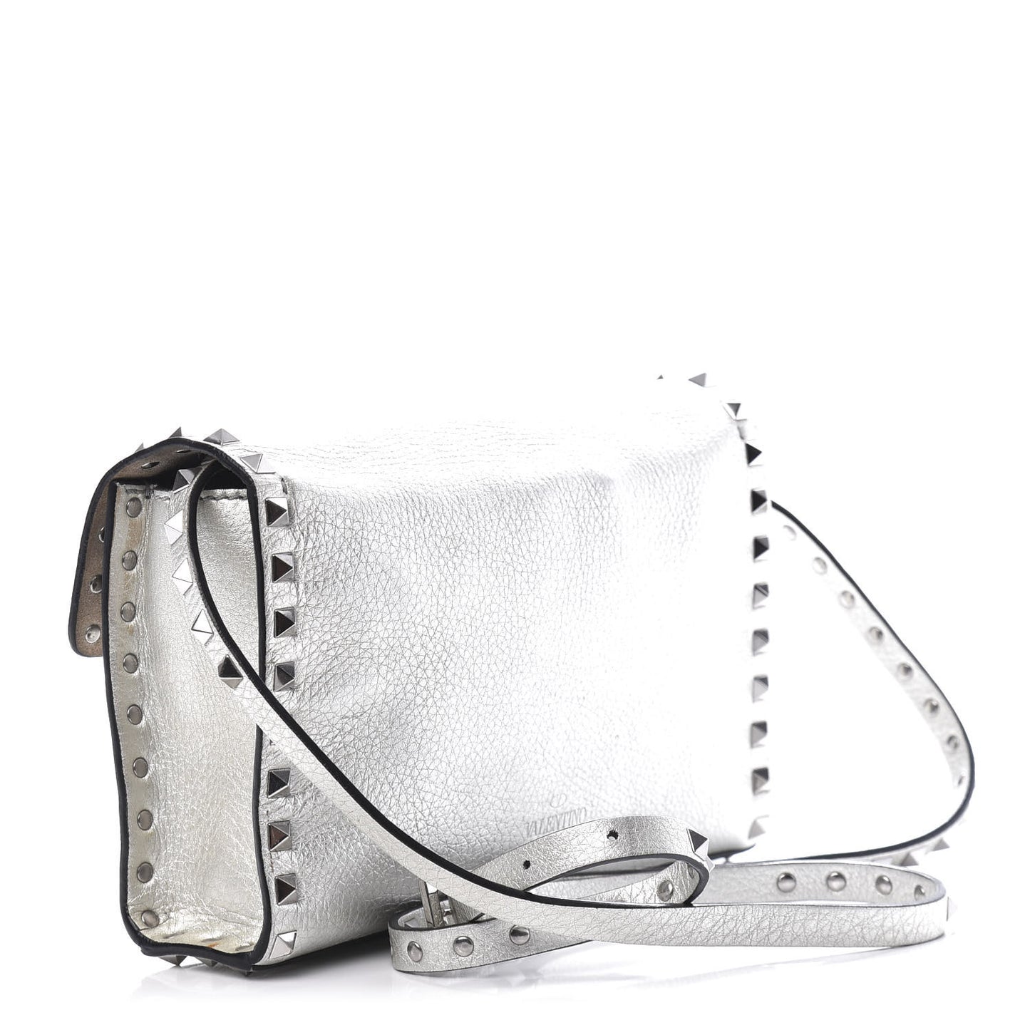 Metallic Pebbled Calfskin Medium Rockstud Flip Lock Crossbody Bag Silver