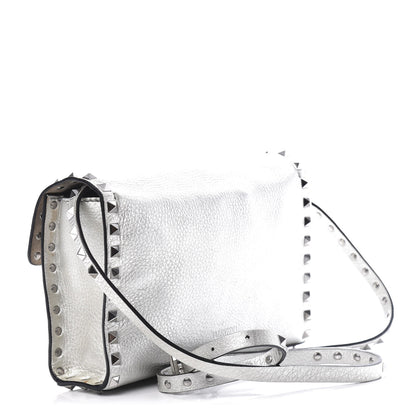 Valentino Garavani Metallic Pebbled Calfskin Medium Rockstud Flip Lock Crossbody Bag Silver 3 of 12