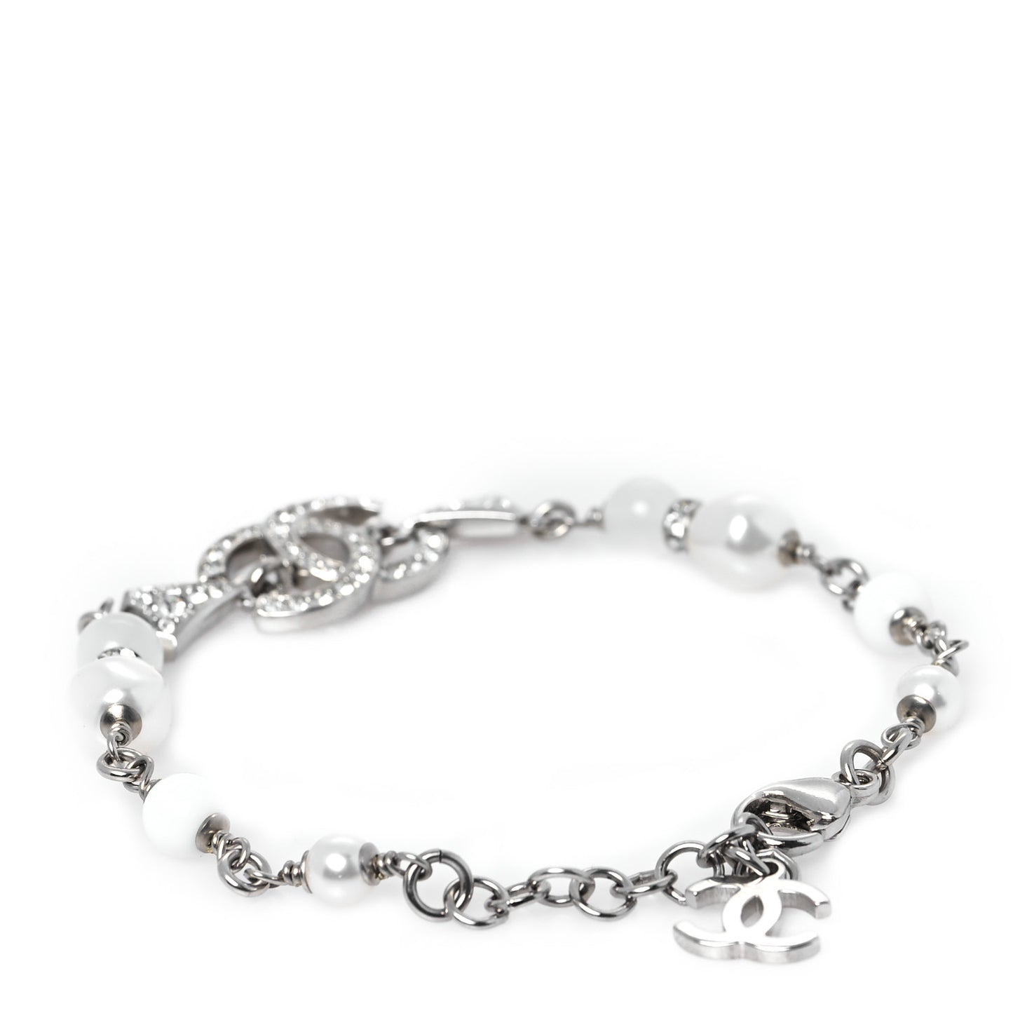 Metal Pearl Resin Crystal CC Bracelet  Silver White