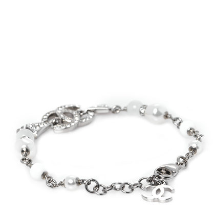 Chanel Metal Pearl Resin Crystal CC Bracelet  Silver White 3 of 5