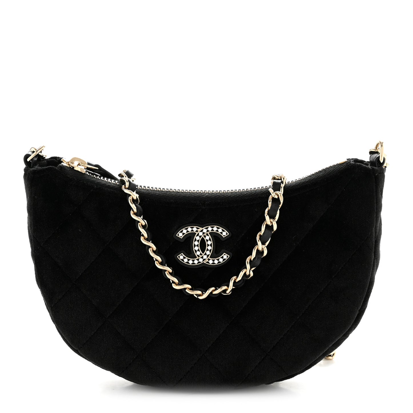 Velvet Crystal Quilted Chain Hobo Black