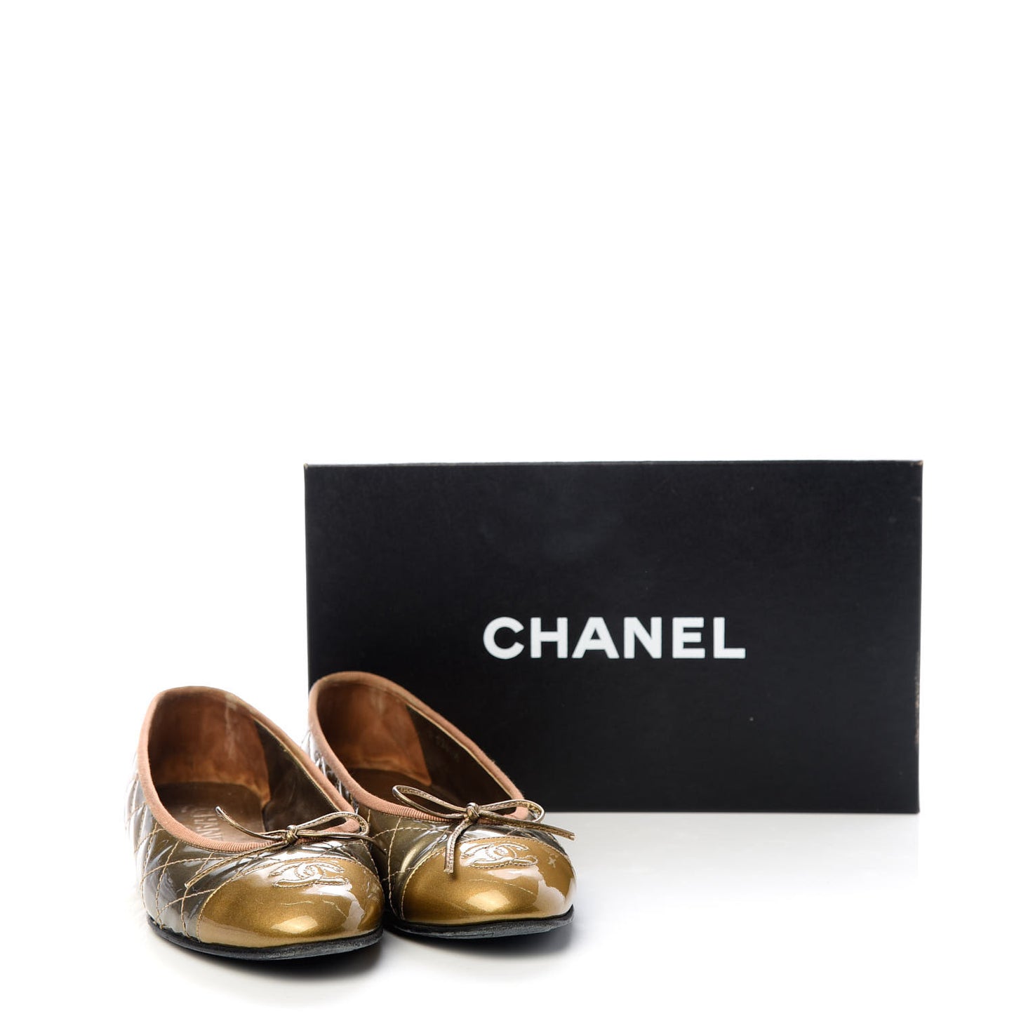 Metallic Patent Quilted CC Cap Toe Ballerina Flats 37.5 Bronze Grey