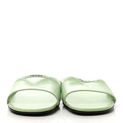 Prada Spazzolato Logo Triangle Cut Out Flat Slide Sandals 38.5 Acqua 2 of 10