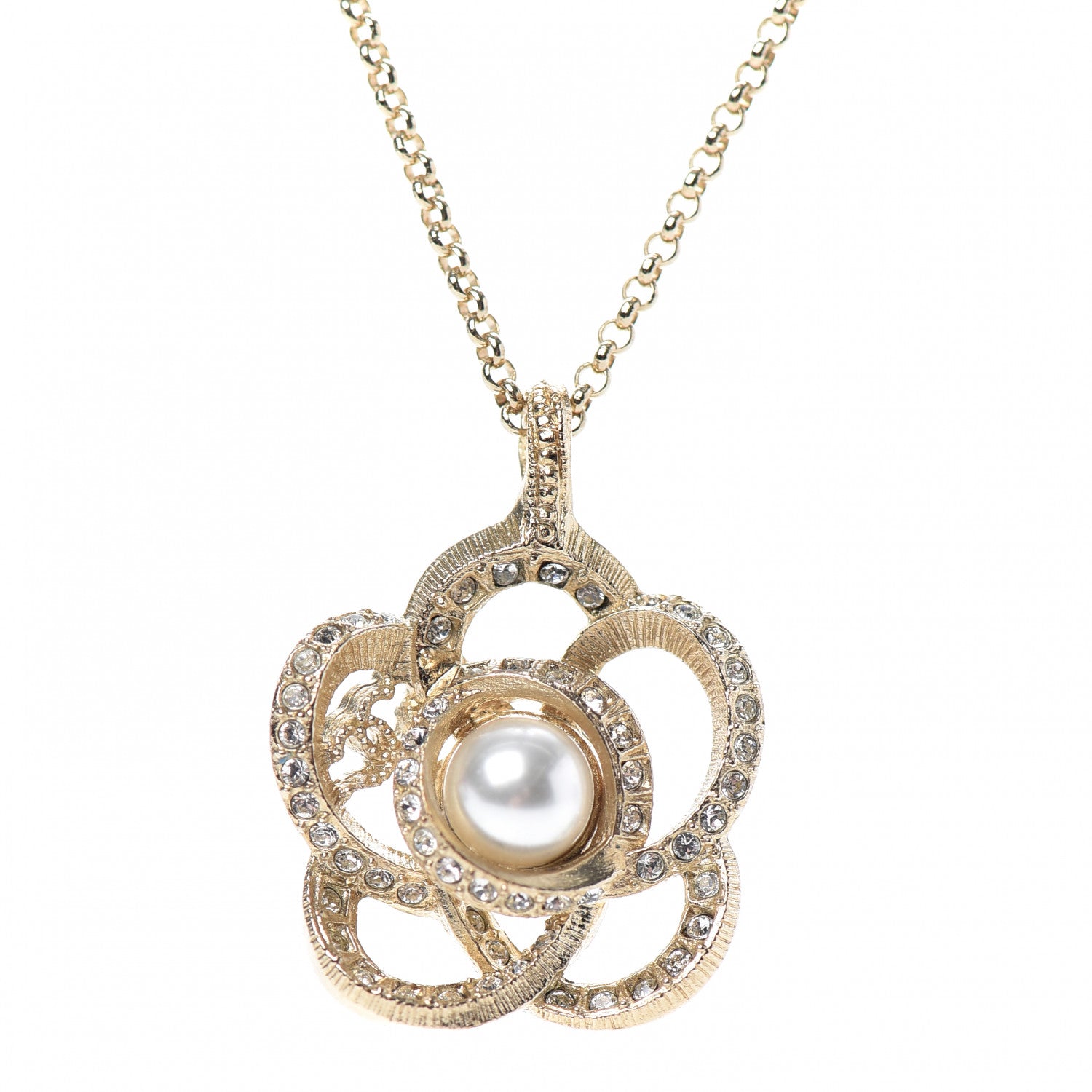 Chanel Crystal Pearl Camellia Necklace Gold 4 of 5