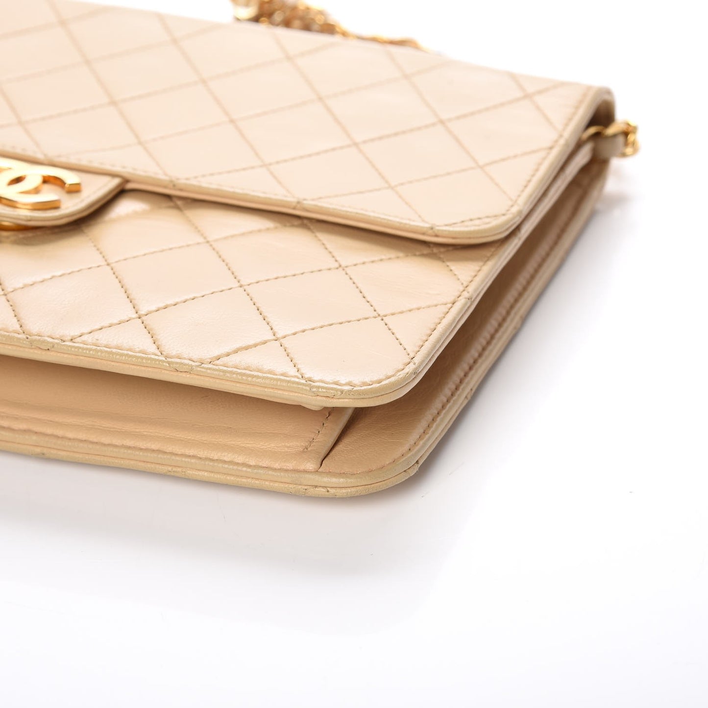 Lambskin Stitched Small Single Flap Beige