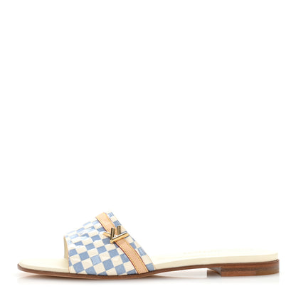 Louis Vuitton Damier Azur Patent Neo Revival Flat Mule Sandals 40 Blanc Bleu 1 of 11