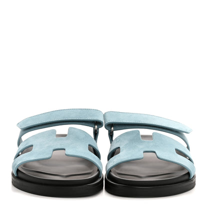 Hermes Suede Goatskin Womens Chypre Sandals 38 Bleu Mineral 3 of 9